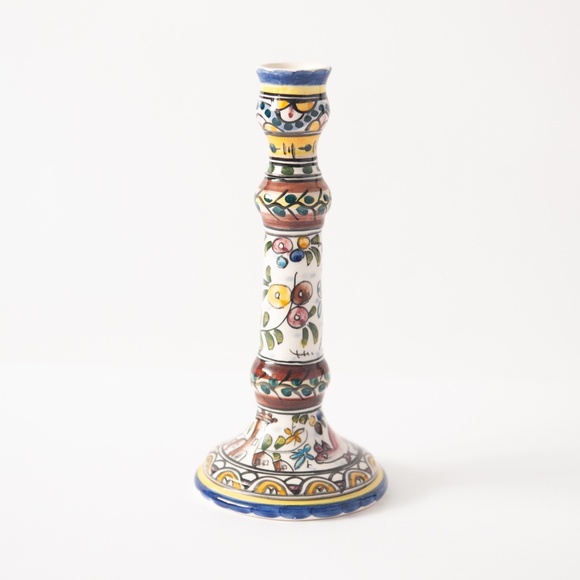 French Majolica Style Hand Painted Ceramic Taper Candle Stick Holder - Picture 2 of 8